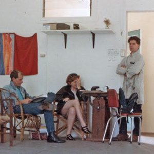 l-r Malcolm Enright, Barbara Campbell and Ted Riggs in Barbara’s studio next to A Room, 1984. Photo: Brian Doherty